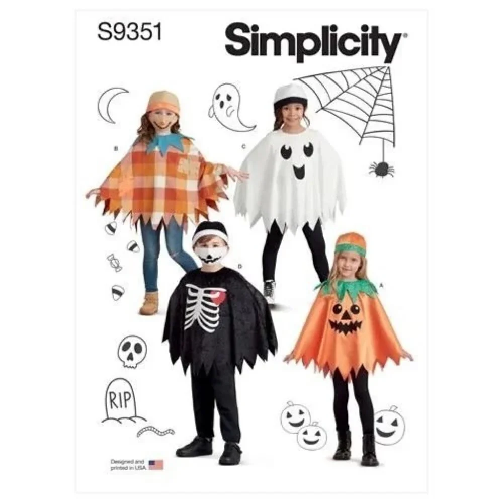 Simplicity Sewing Pattern 9351 11163‎ Childs Poncho Cape Costume Masks Hats S-L